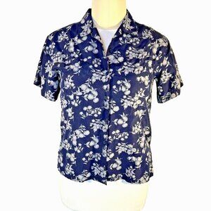 Chaus SPORT - 100% Silk Button Up Shirt Women's M-XL Navy Gray Floral 2 Pocket